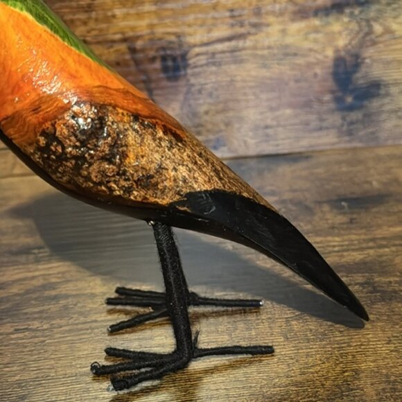 Carved Wood Bird Sculpture Folk Art Painted Bird on Metal Yarn Covered Legs 7” - Picture 6 of 11